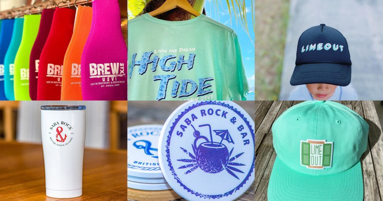 portfolio - image compilation of different merch with koozies, shirts, cups, coasters, and hats with different printed branding.